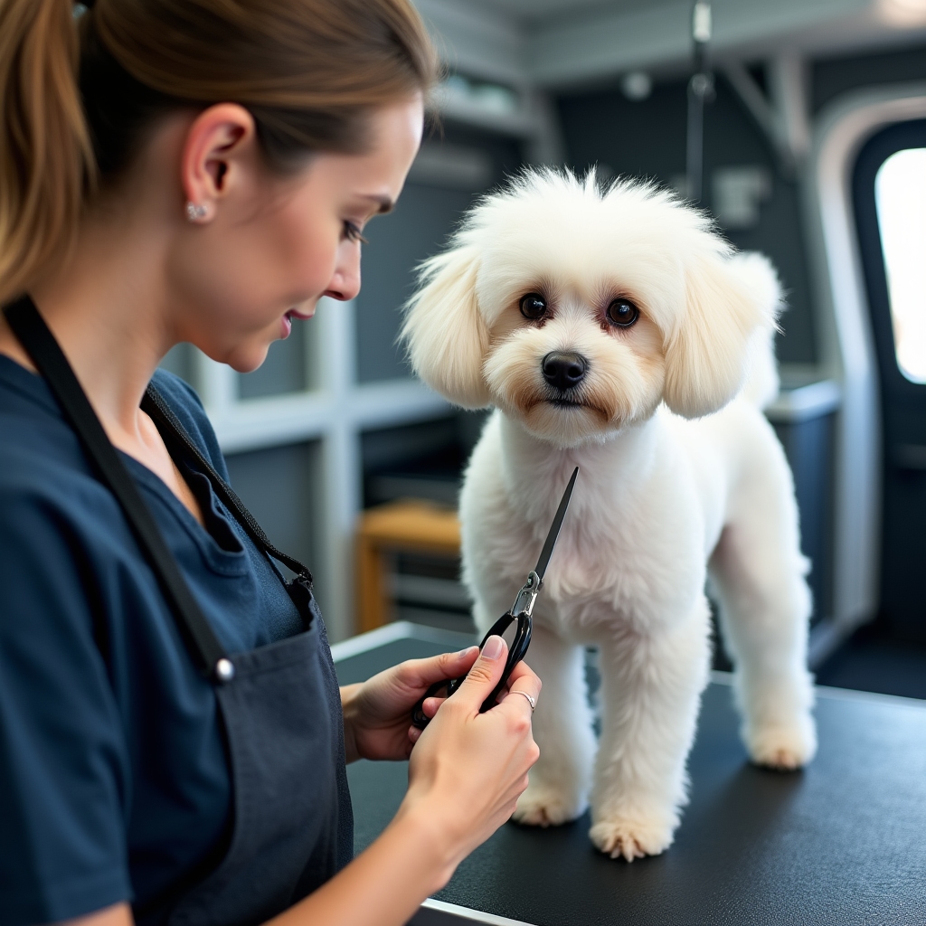 Professional groomer trimming a dog's coat during a full groom service