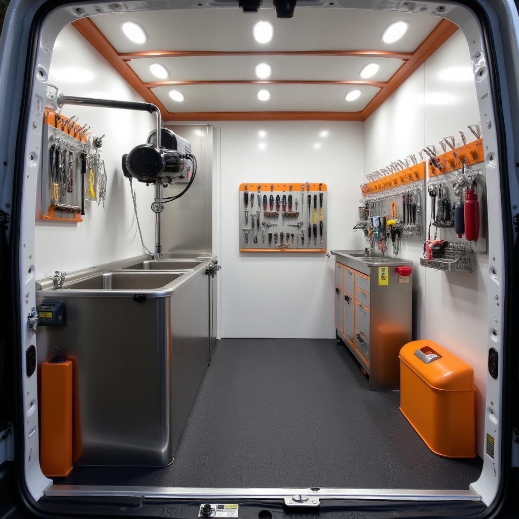 Interior view of the mobile grooming van showing the tub, dryer, and grooming tools organized professionally